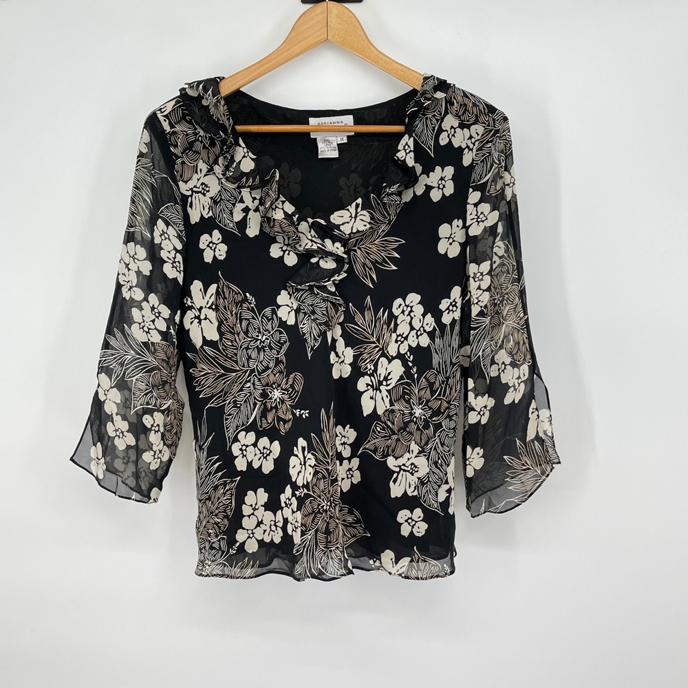 Vintage Floral‎ Silk Black Blouse Ruffle Neck 3/4 Sleeve Size 14 Whimsigoth Y2K